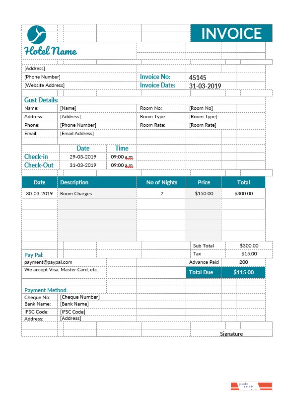 Hotel Room Invoice Template PSD template